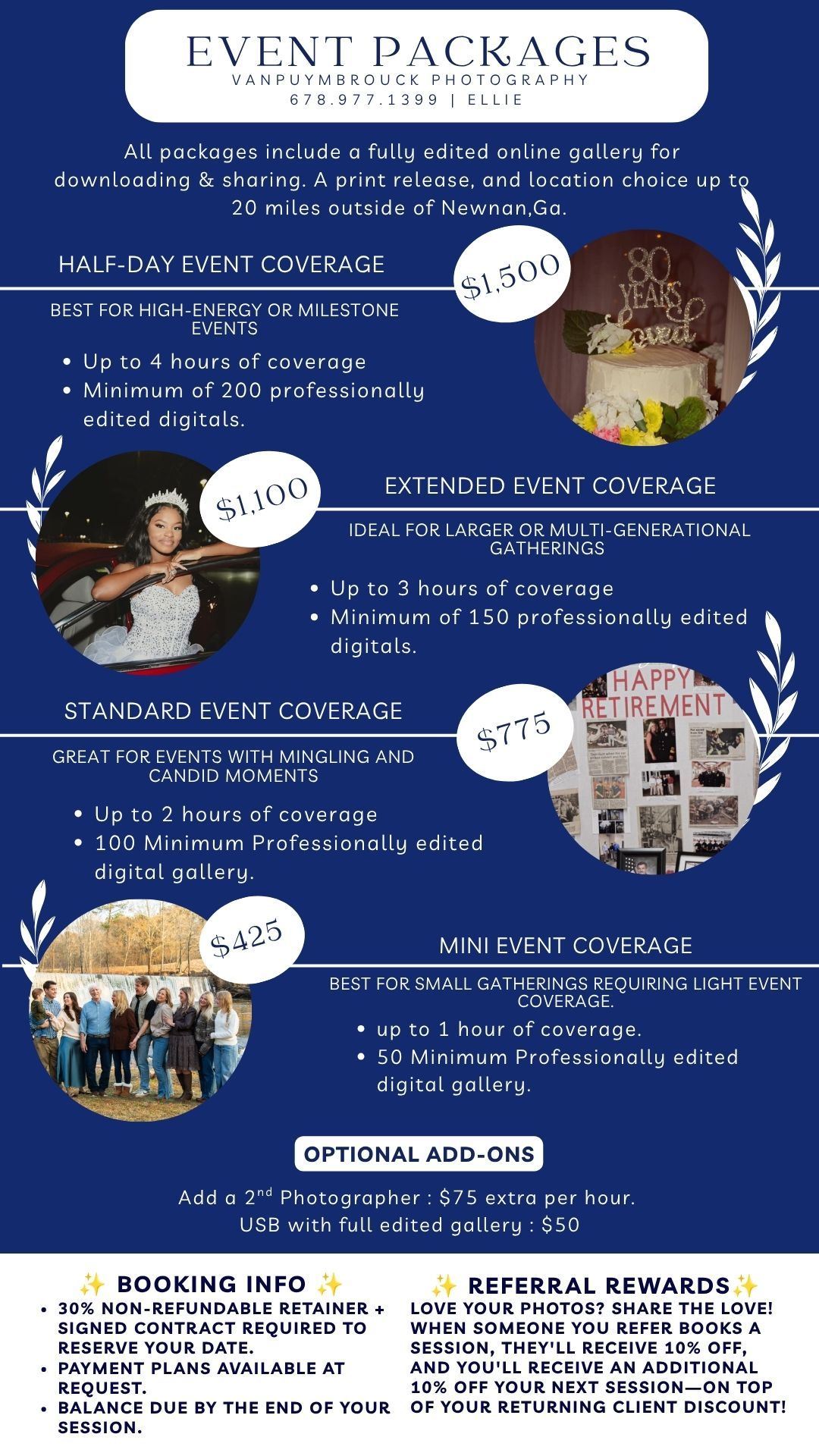Photography event packages pricing guide.