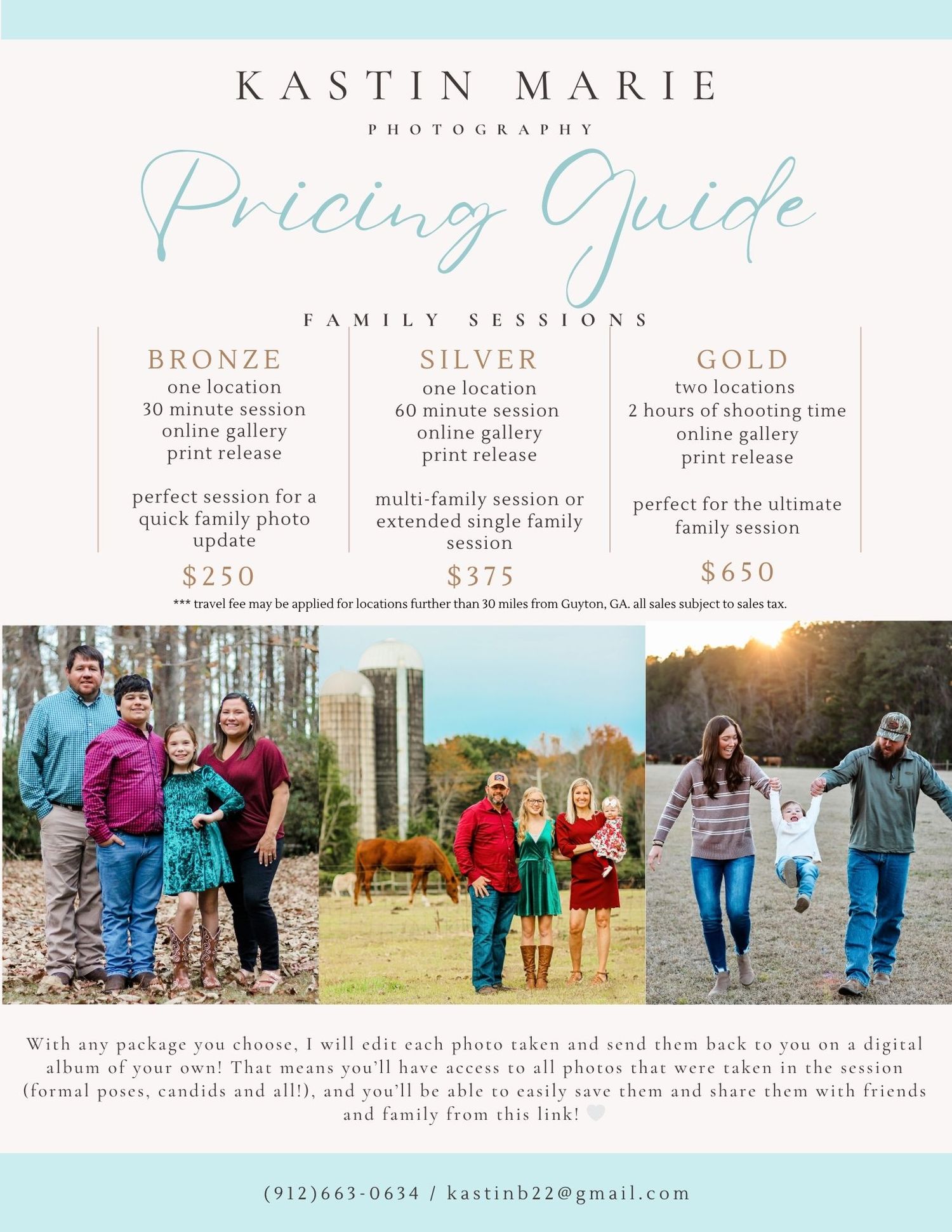 Photography pricing guide showing three tiers of family photo packages with sample outdoor family portraits.