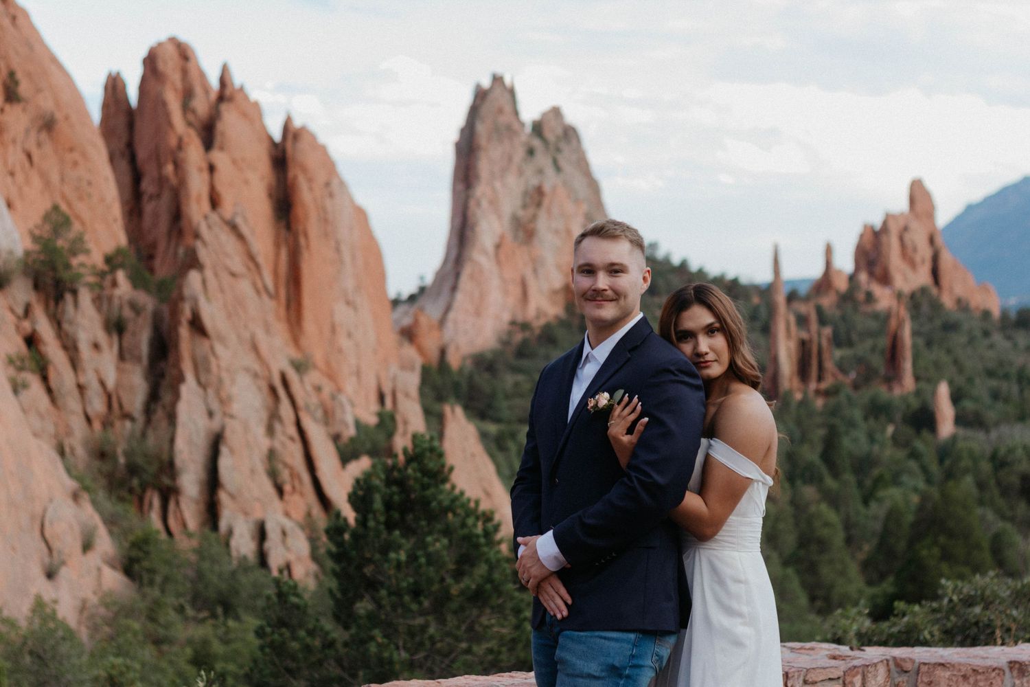 A couple celebrates their wedding day among the towering red rock formations at Garden of the Gods in Colorado Springs.