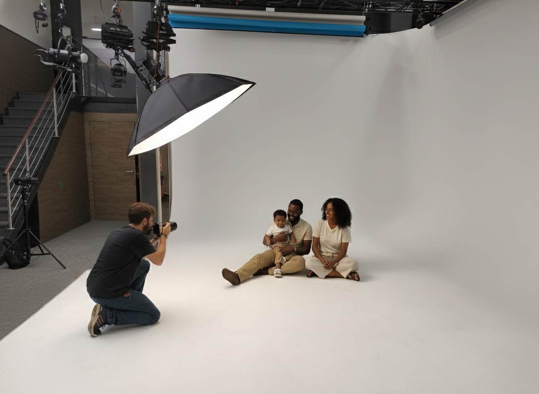 Fotógrafo profesional capturando una alegre sesión de retratos familiares en un estudio moderno con iluminación suave y fondo blanco.