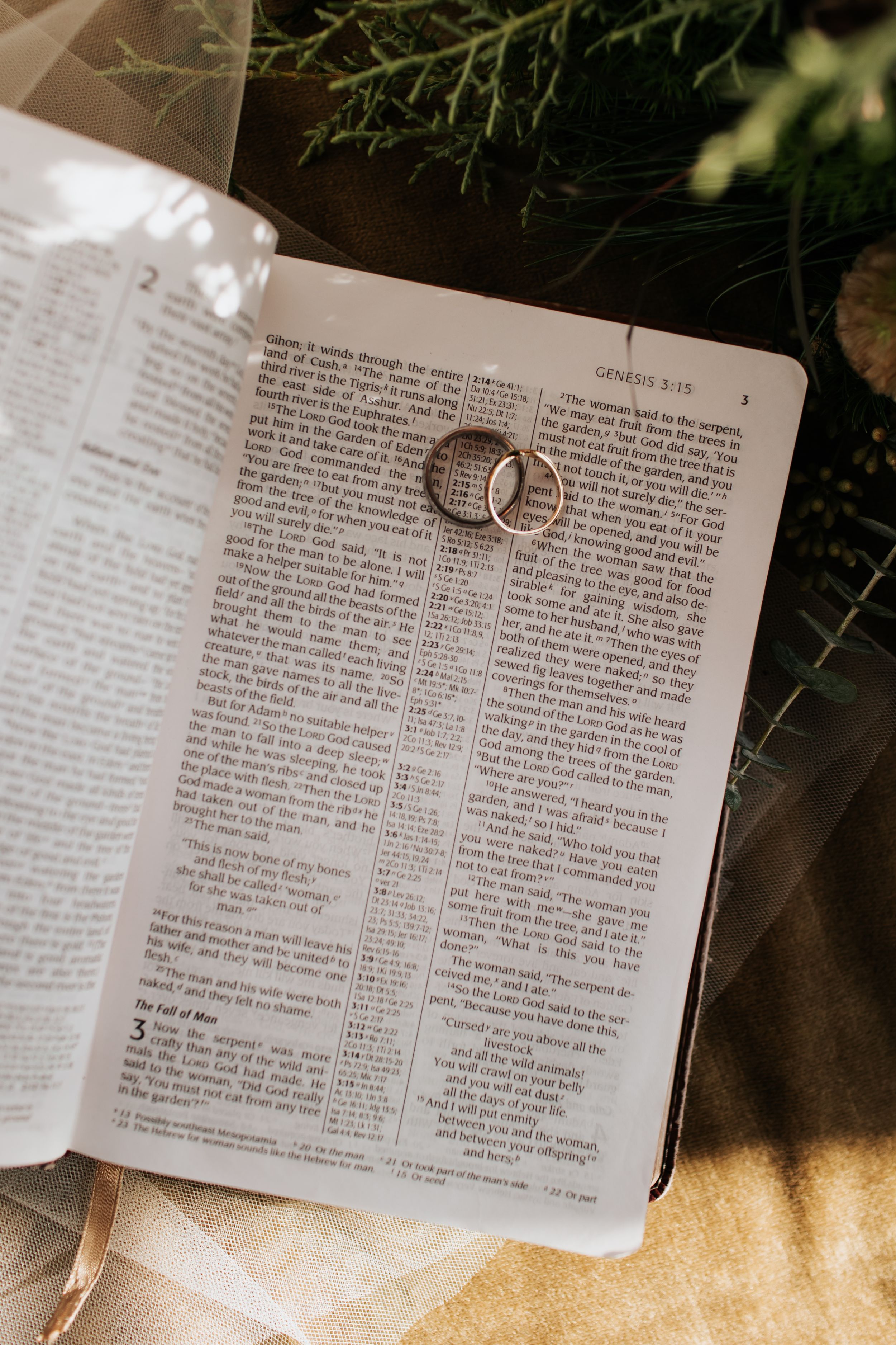 Wedding rings rest on open Bible pages in natural lighting, creating a symbolic wedding detail photograph.