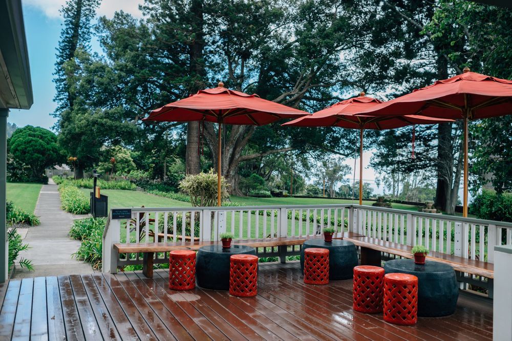 Outdoor deck seating area with red umbrellas and wooden railings surrounded by lush trees.