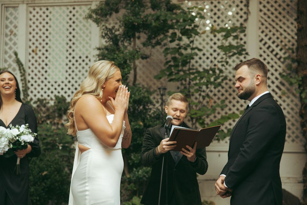 A sequence of wedding photos showing couples dancing and celebrating at an outdoor reception venue.