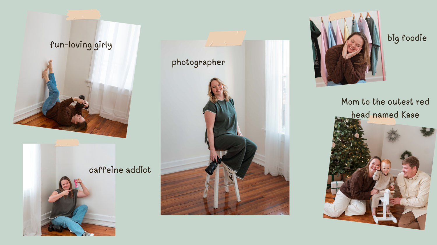 A collection of five lifestyle photos showing people exercising and stretching in a bright indoor setting.