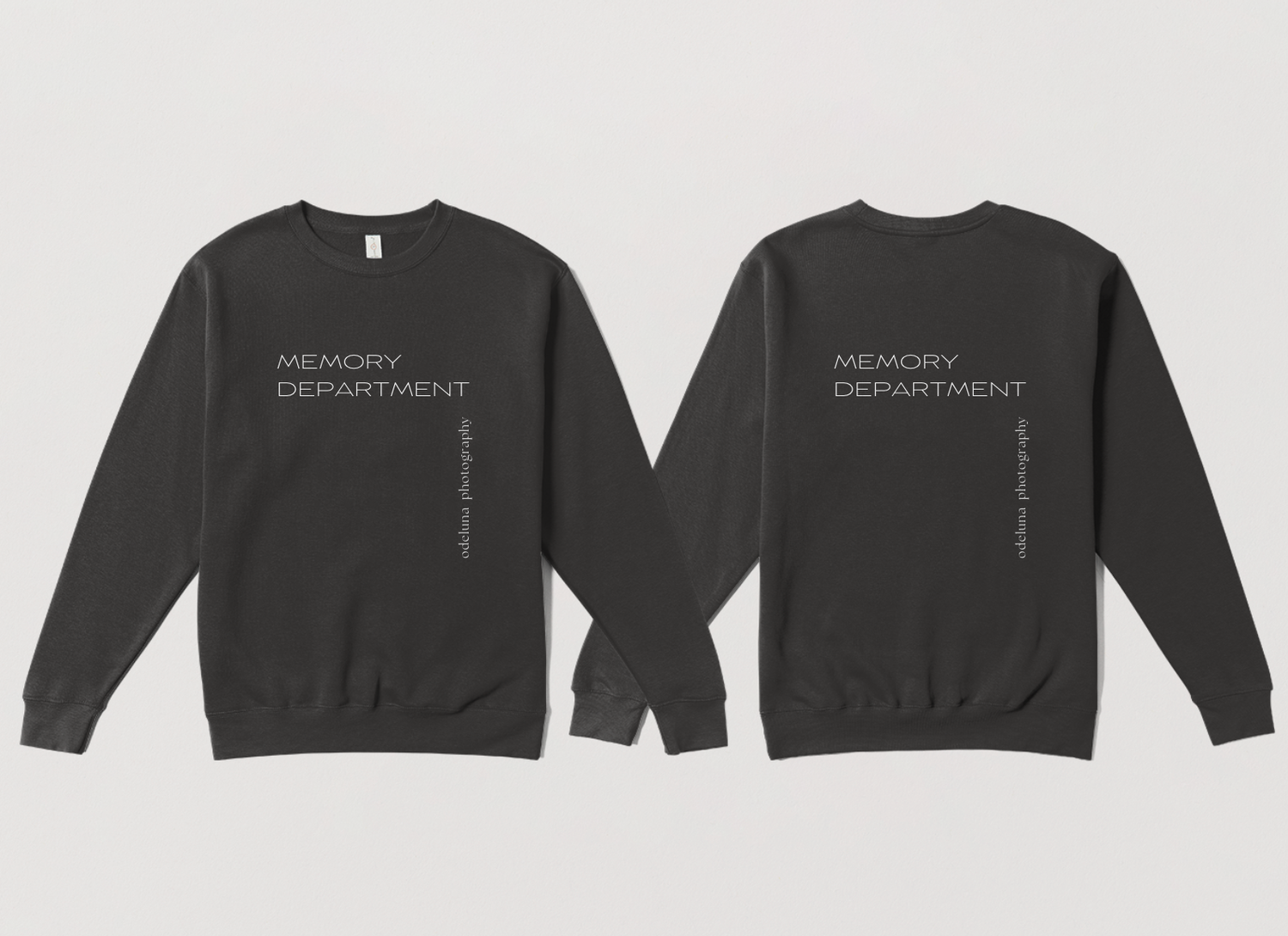 picture of photography merch gray sweatshirt that says memory department odeluna photography