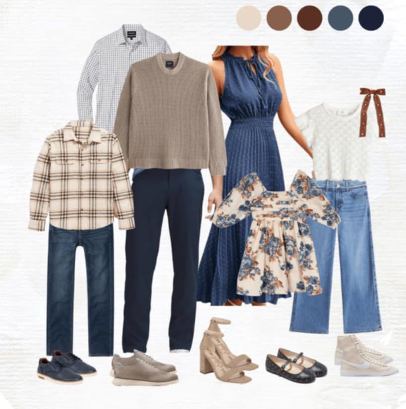 A coordinated family outfit collection featuring navy, beige and floral patterns with casual and dressy clothing options.