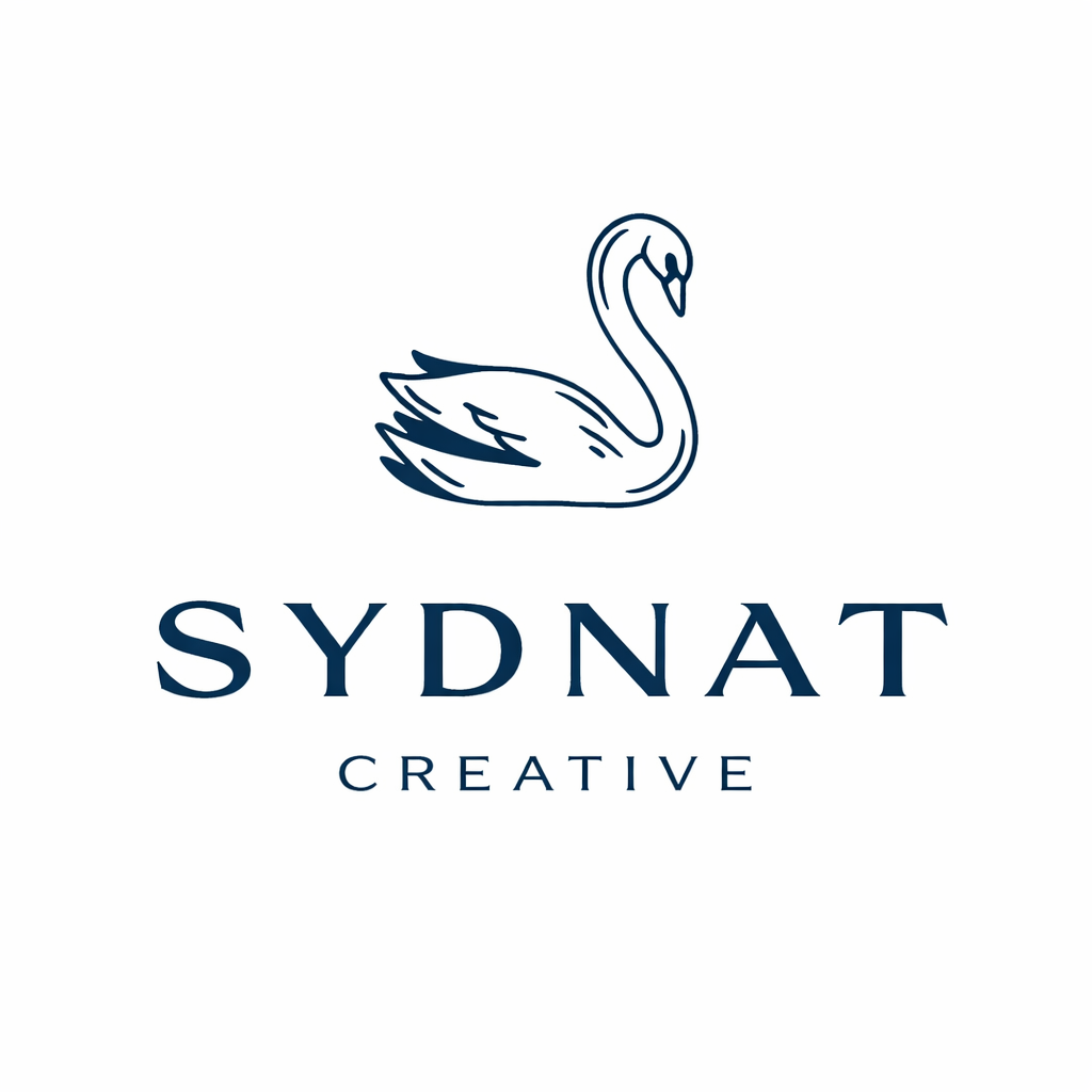 Elegant navy blue Sydnat Creative logo with swan design.