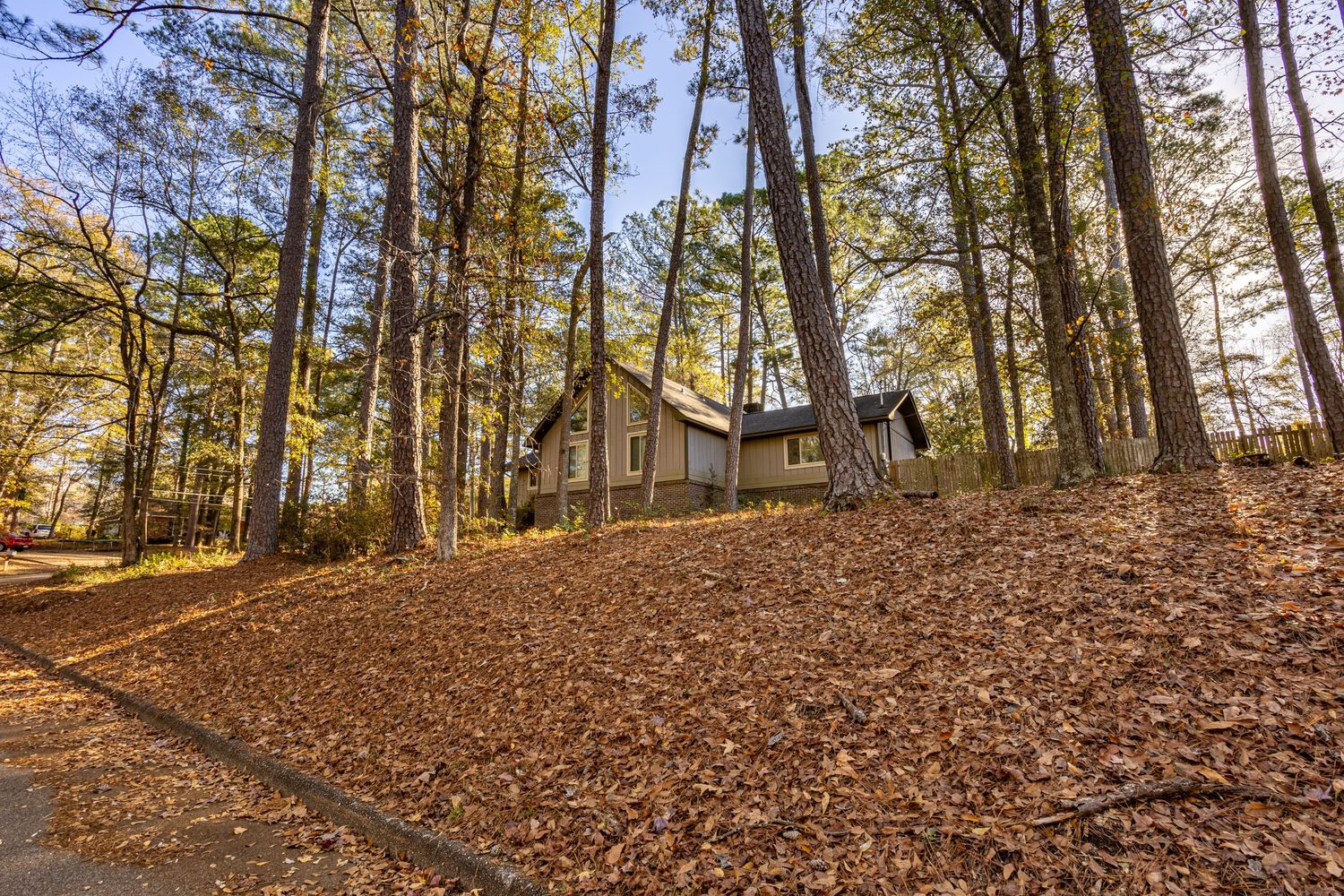 Exterior hdr view of a residential home in Dothan, AL featuring a wooded lot.