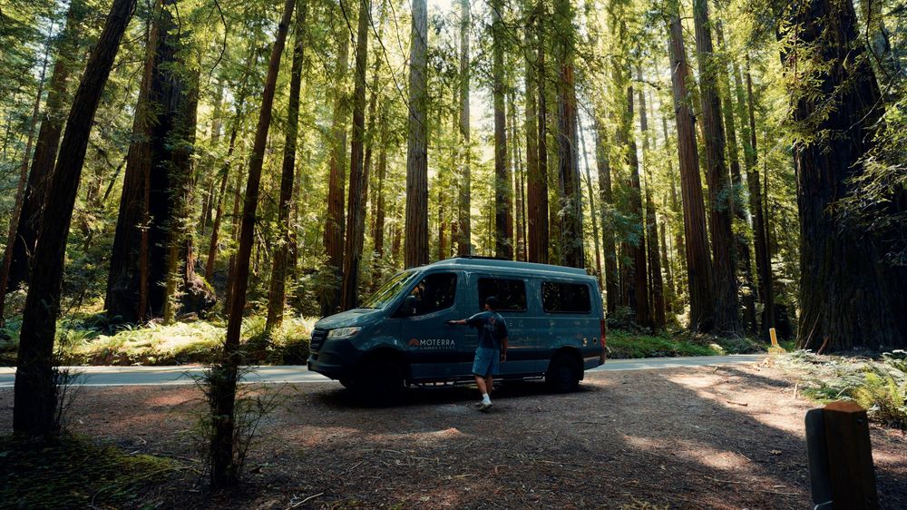 Blue van parked in shaded clearing surrounded by tall redwood trees.