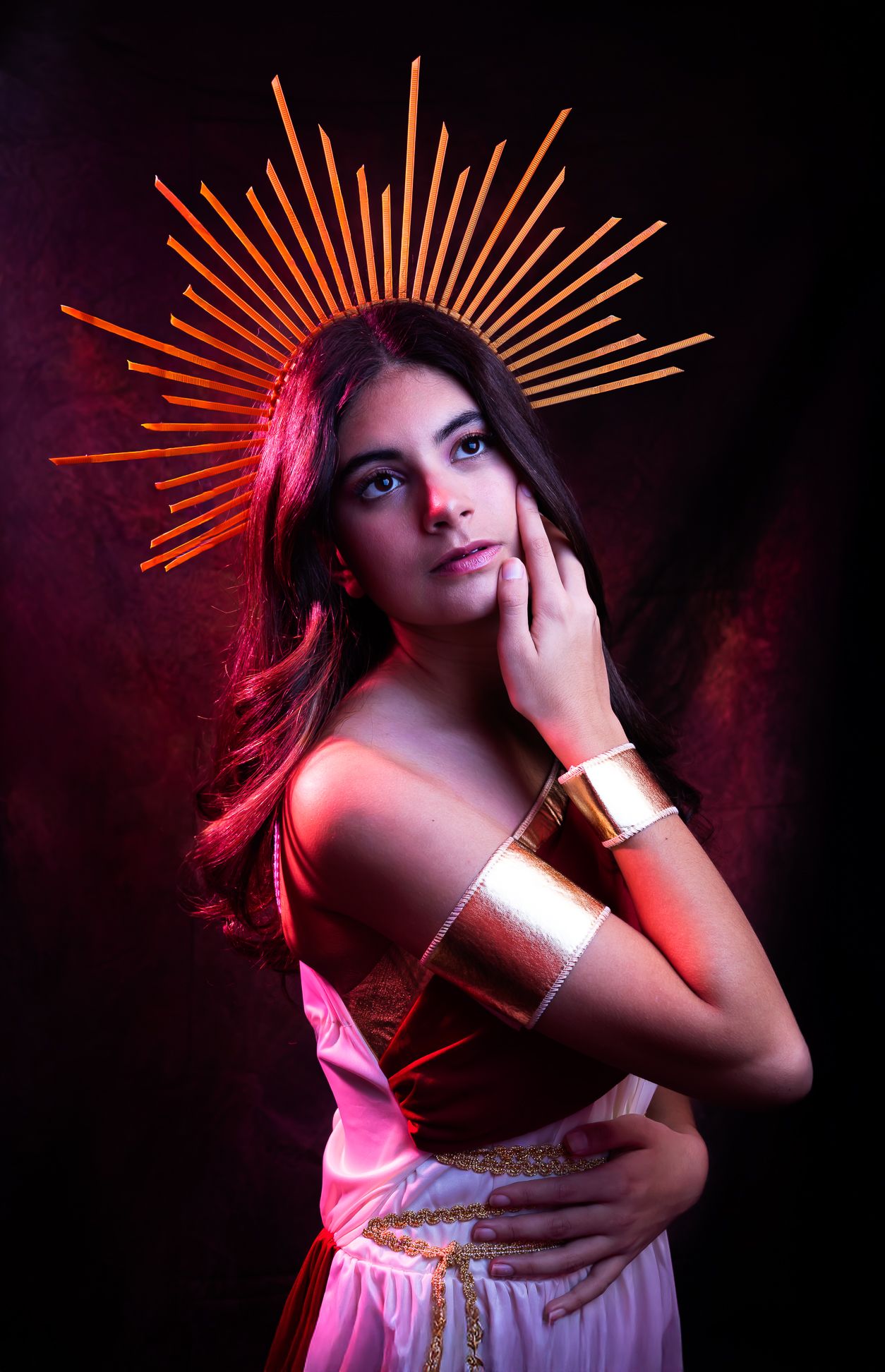 Eos, Goddess of the Dawn, girl with a sun crown with blue and pink LED lights - angle 1