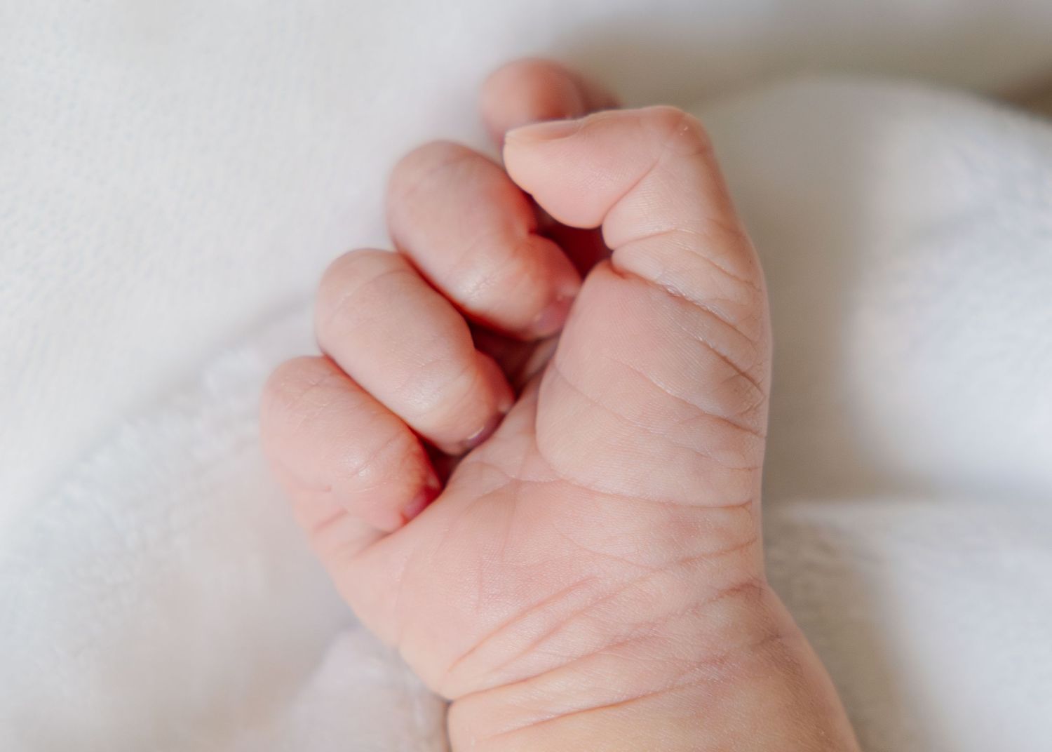 Close-up view of a newborn baby's tiny hand grasping against a soft white background.