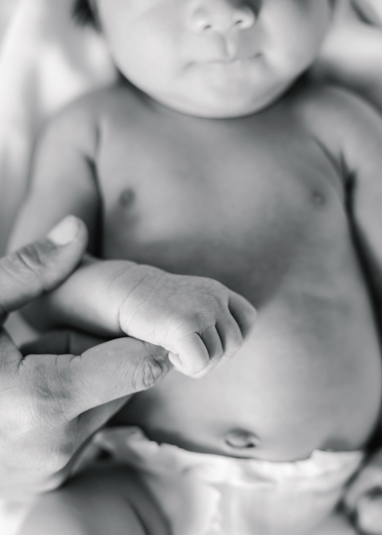 Black and white close-up of hands gently touching and overlapping in an artistic composition.