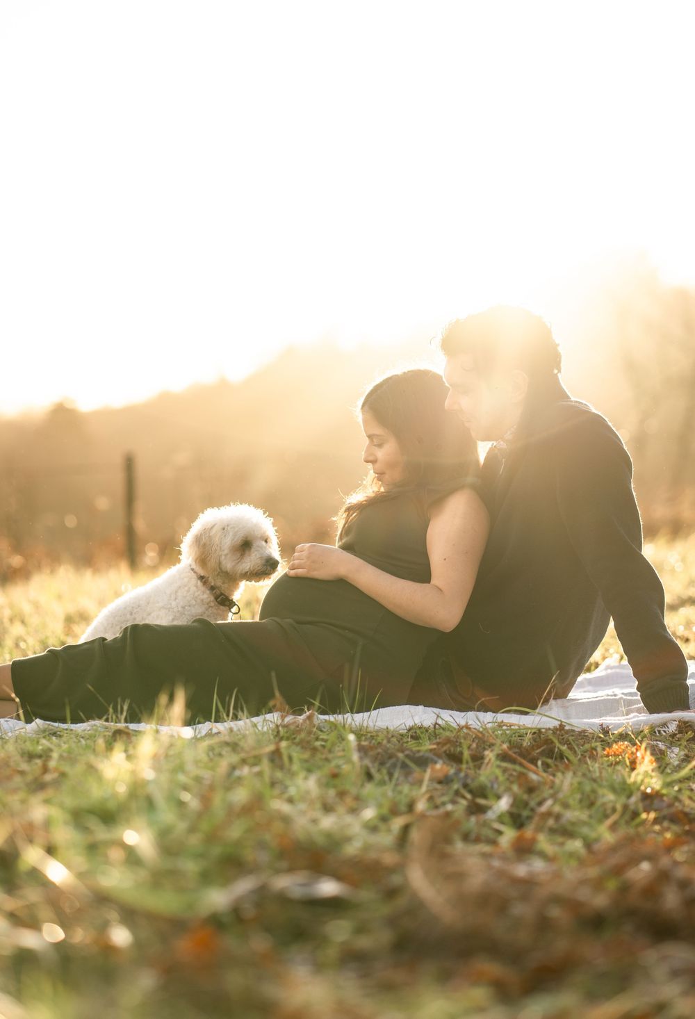Couple lounges on blanket with small white dog in sunlit field during golden hour.
