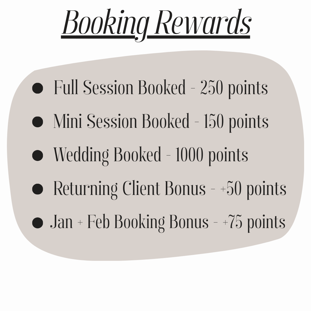 Photography booking rewards program showing point values for different session types and bonus offers.