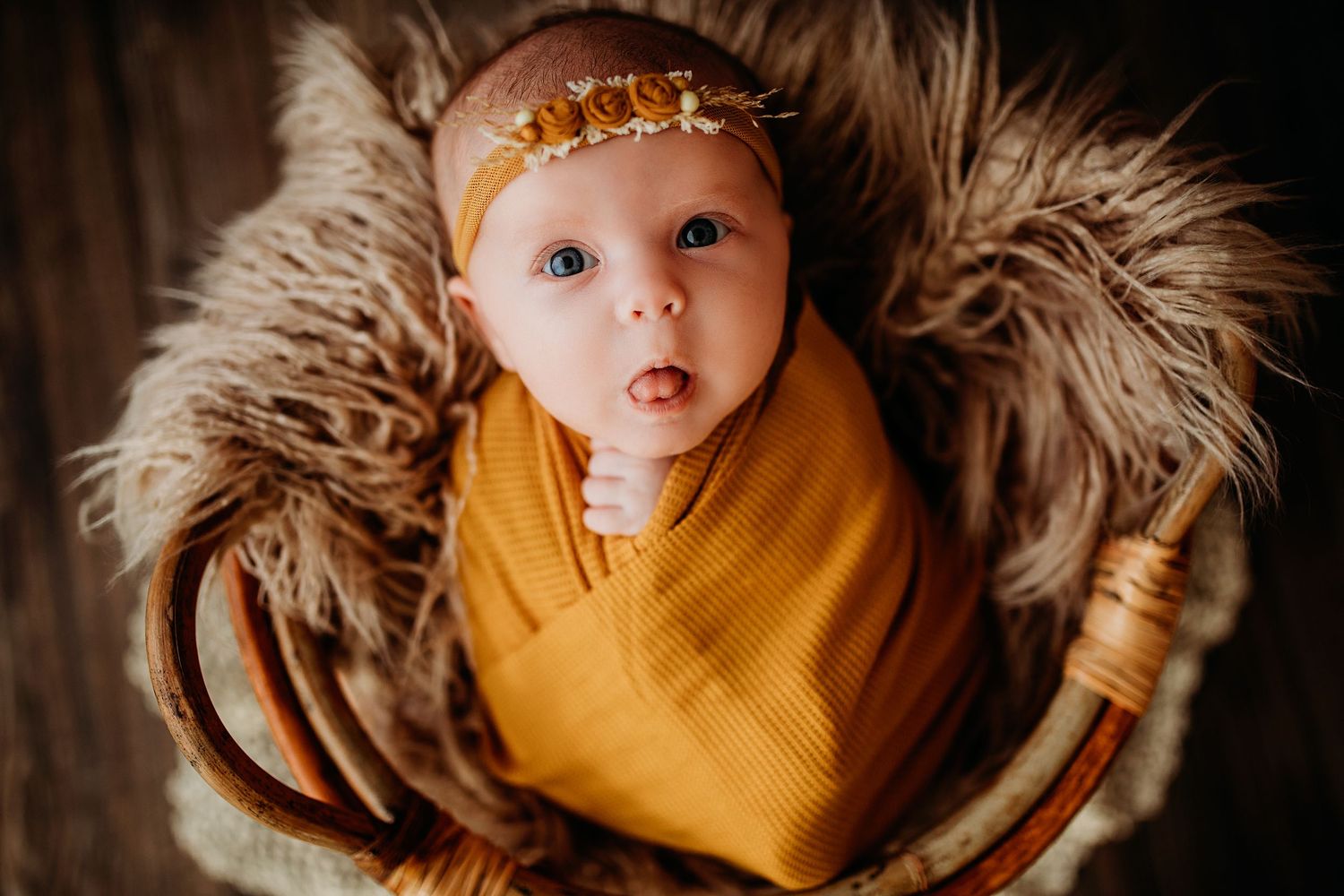 Cullman Alabama newbor Photographer collage of photos showing a baby wearing a mustard yellow outfit
