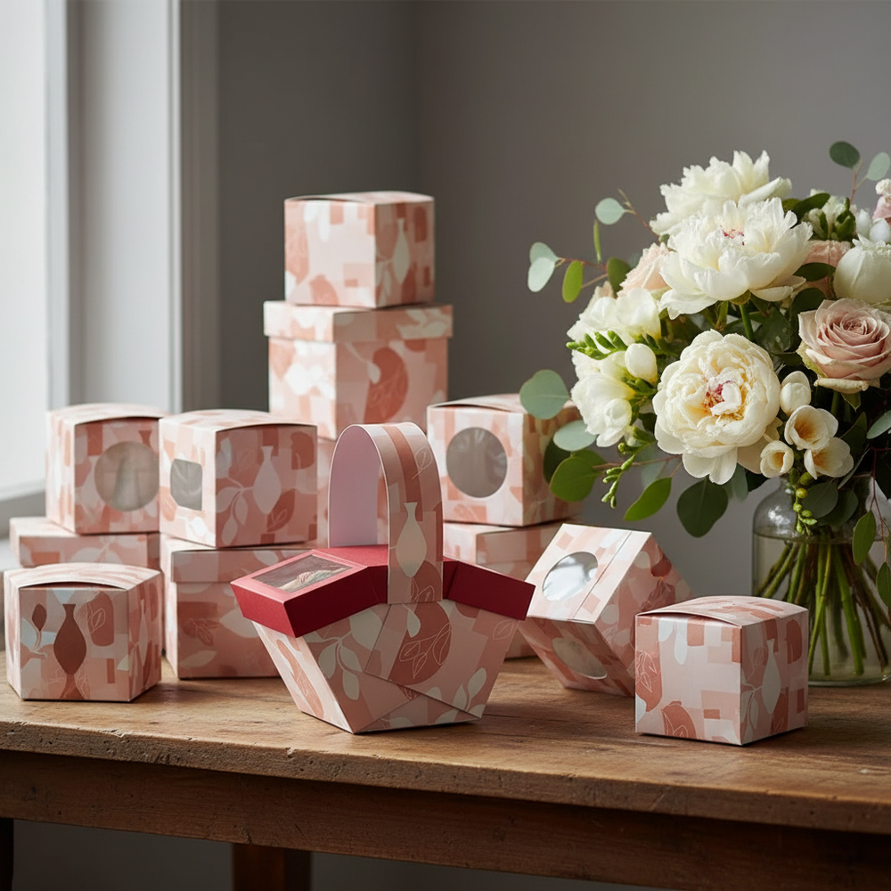 Stack of pink terrazzo-patterned gift boxes arranged on a wooden table beside a vase of white and blush flowers.