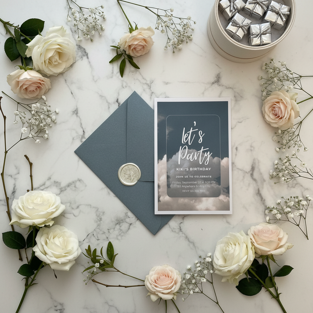 Elegant party invitation with gray envelope and wax seal, surrounded by white and pink roses on marble background.