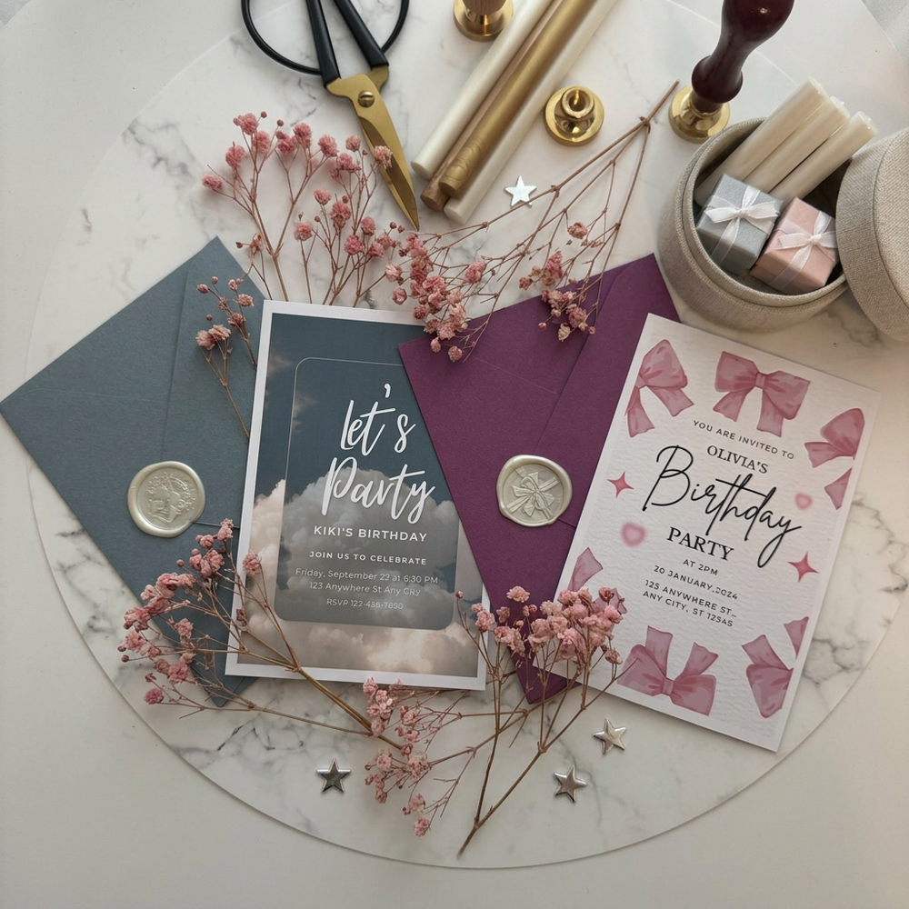 Elegant birthday party invitations with wax seals, purple and blue envelopes, pink florals, scissors, and gold accents on marble.