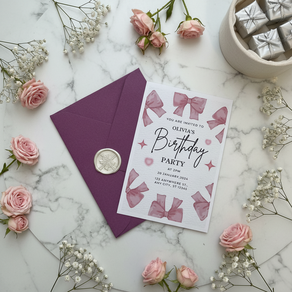 Pink bow birthday party invitation with purple envelope, wax seal, and pink roses on marble background.