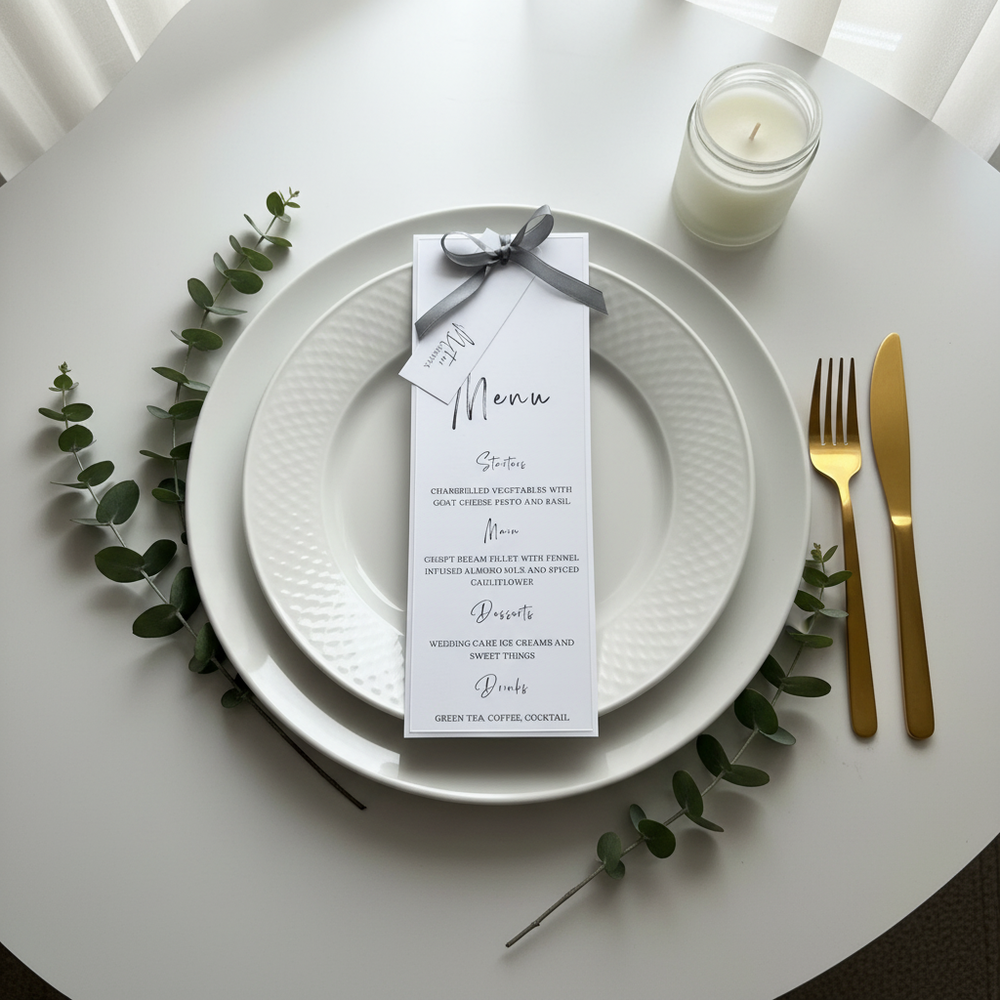 Elegant wedding table setting with white plate, gold cutlery, eucalyptus, candle, and a menu card tied with gray ribbon.