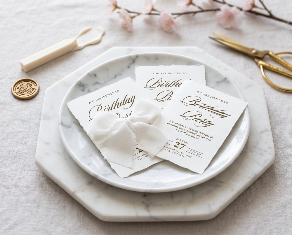 Elegant birthday party invitations with white ribbon bow on marble plate, gold scissors and wax seal, cherry blossoms backdrop.