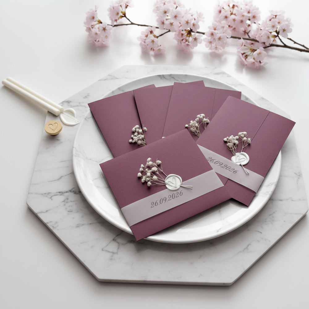 Elegant dusty rose wedding invitations adorned with baby's breath flowers and wax seal on marble plate.