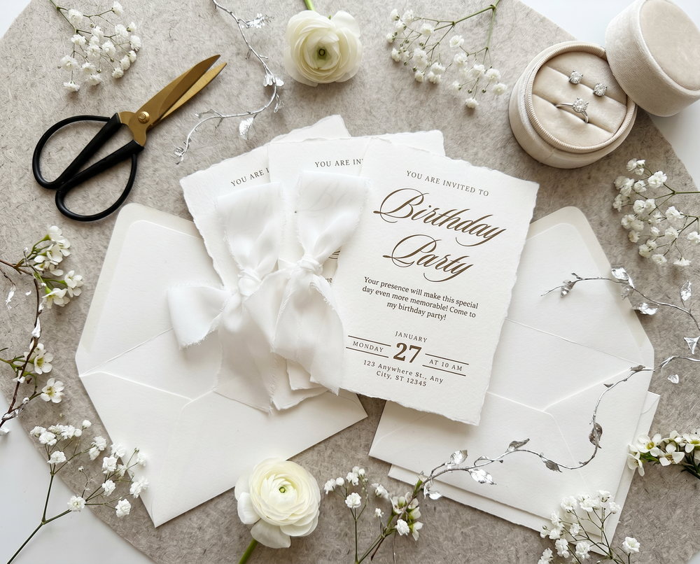 Elegant white birthday party invitations with gold script, white ribbon, envelope, ring box, scissors, and baby's breath flowers.