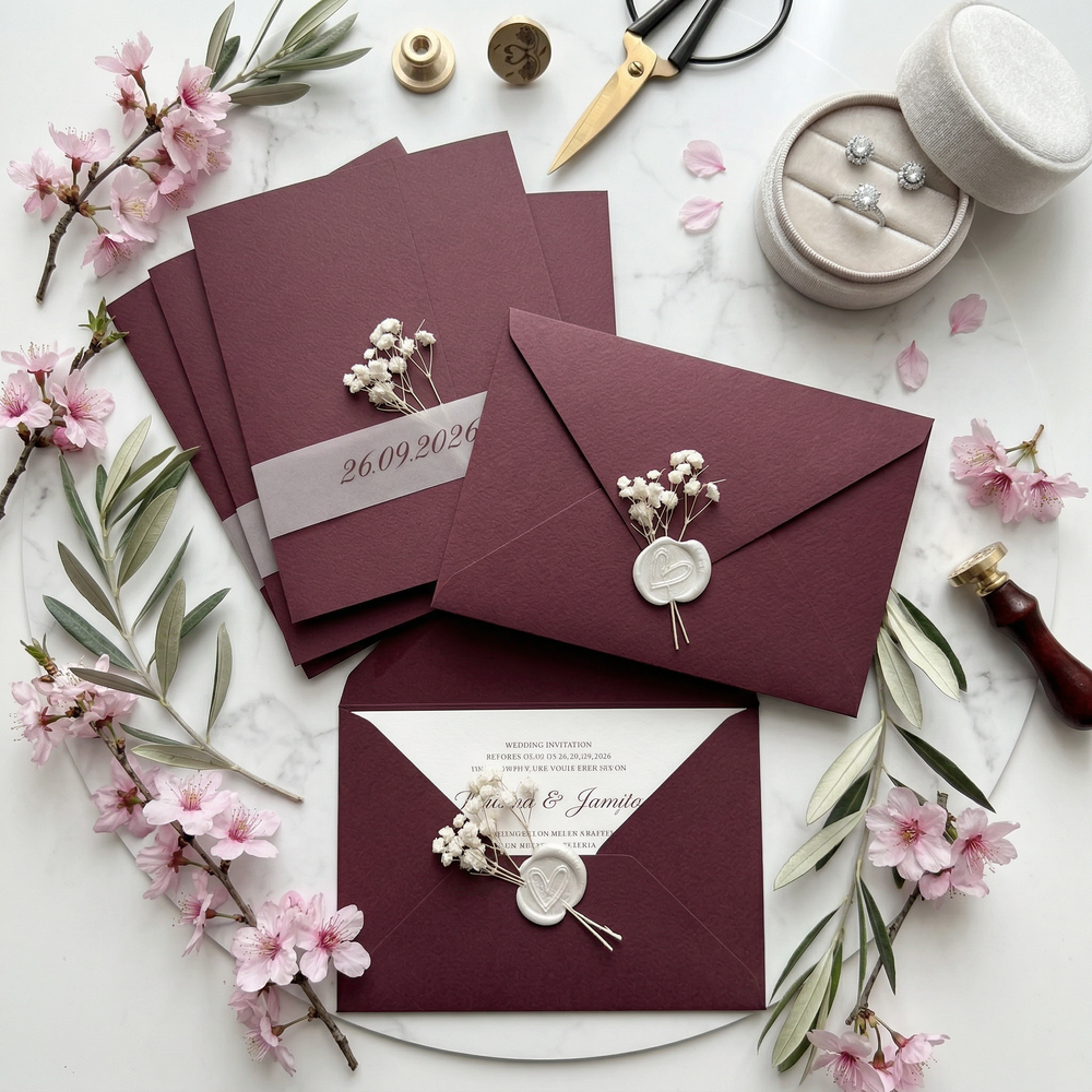 Elegant burgundy wedding invitations with wax seals, baby's breath, and silver ribbon on marble, surrounded by pink cherry blossoms.