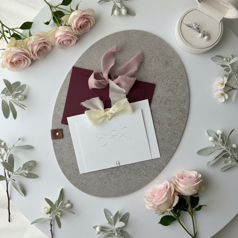 Elegant flat lay with pink roses, pearl earrings, ribbon bows, and a white card on a gray felt oval board.