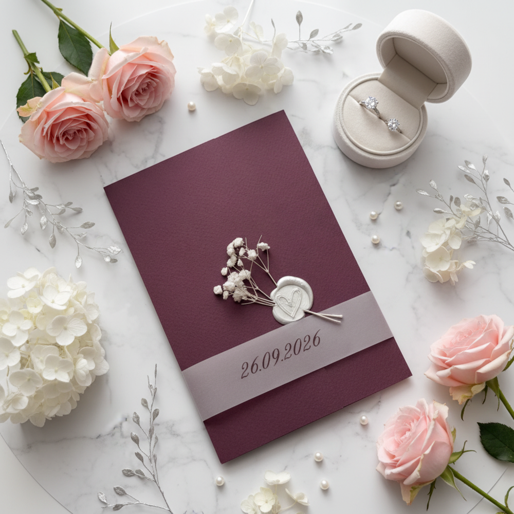 Elegant burgundy wedding invitation with wax seal, dated 26.09.2026, surrounded by pink roses and a diamond ring box.