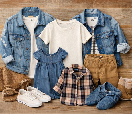 Flat lay of casual children's clothing with denim jackets, plaid shirt, white tee, and brown pants on wooden background.