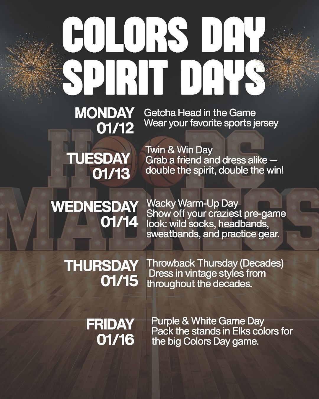 Spirit week calendar showing themed days including Colors Day, Spirit Days, and game day activities for a school or team event.