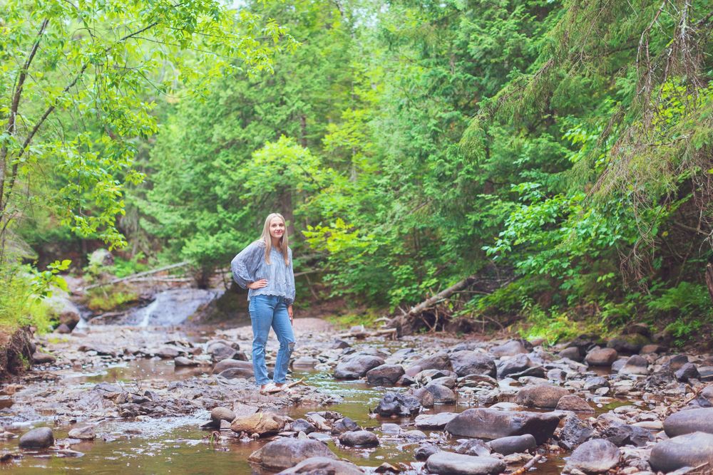 Multiple views of a rocky stream bed surrounded by green forest with someone exploring the natural setting.