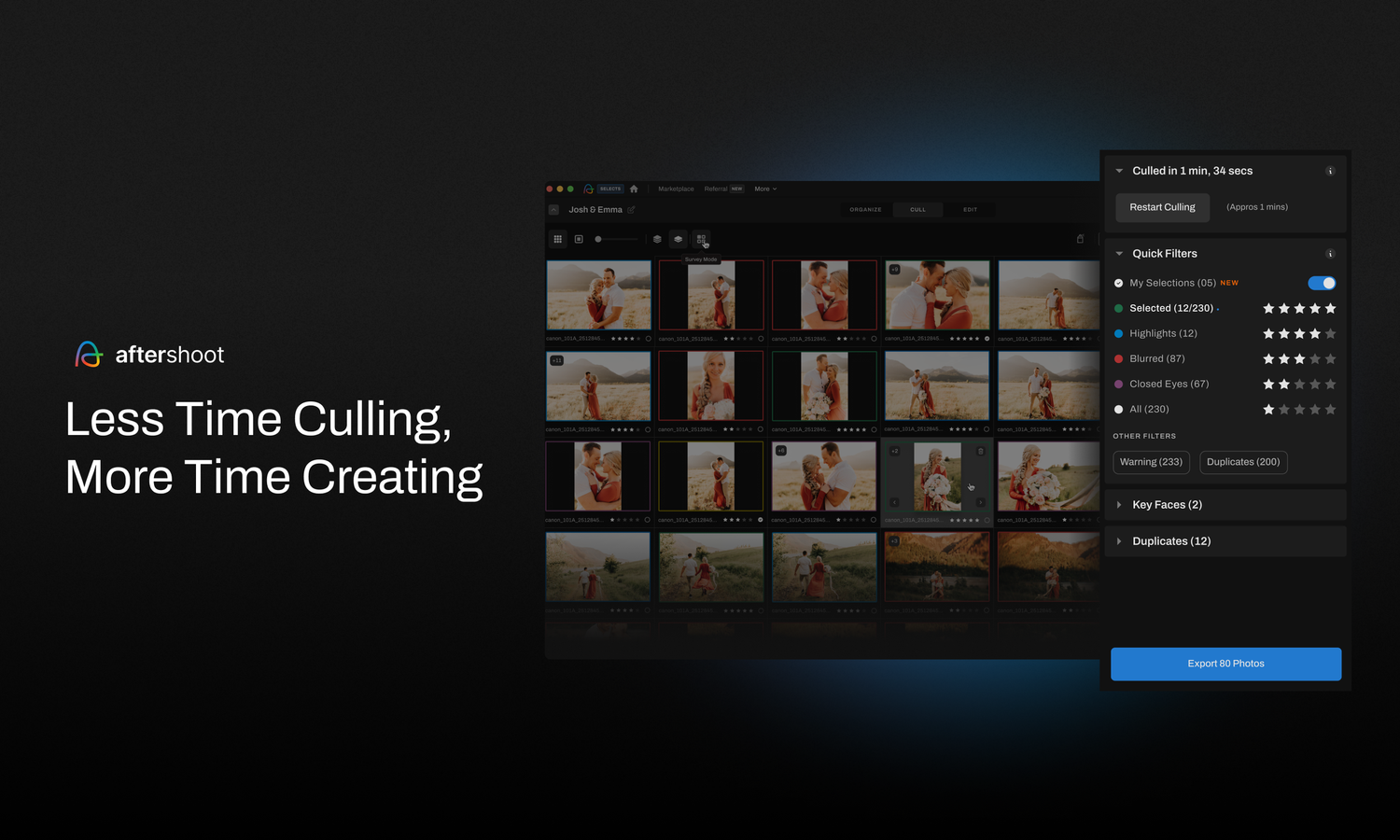 Dark interface mockups of a photo management application showing grid layouts and navigation panels.