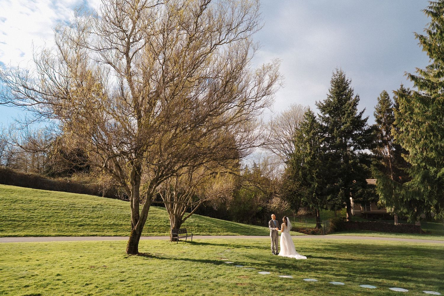 Two people in wedding attire stand together on a grassy hill with bare trees and evergreens in a peaceful outdoor setting.