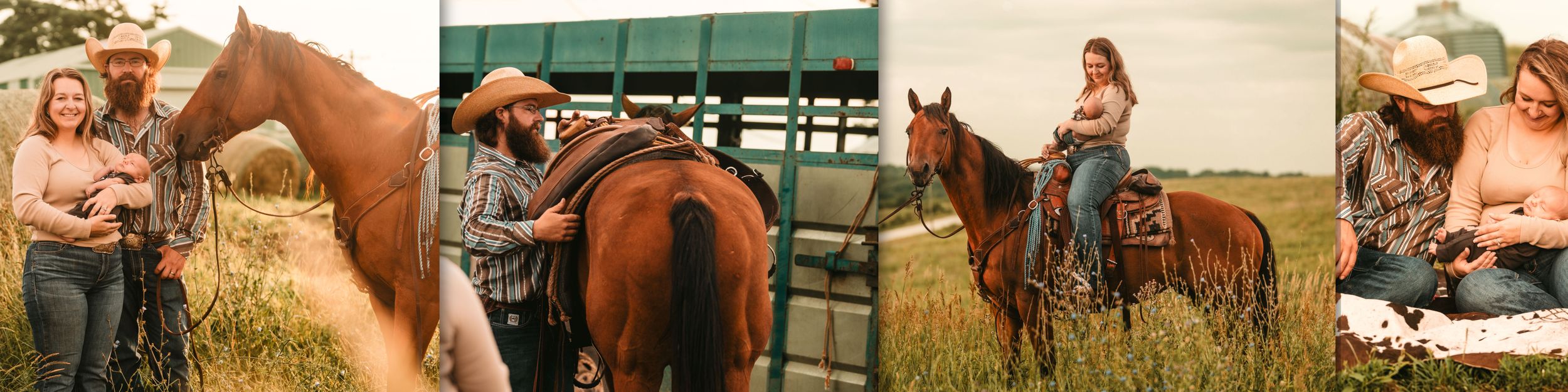Rustic outdoor equestrian photo collage showing tender moments between rider and horse in golden field settings.