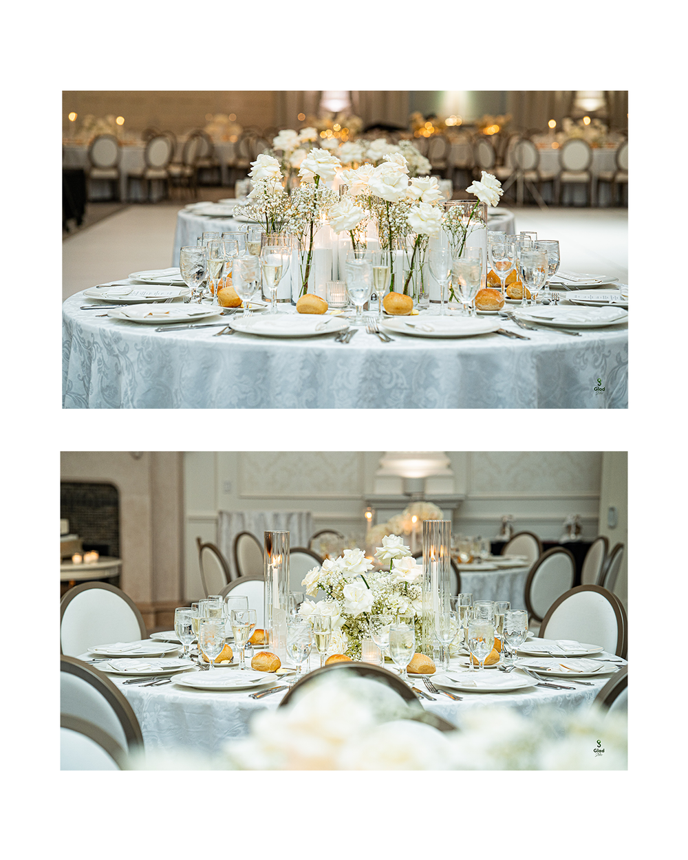 Elegant wedding reception tables with white floral centerpieces, candles, and light blue linens in a grand ballroom.