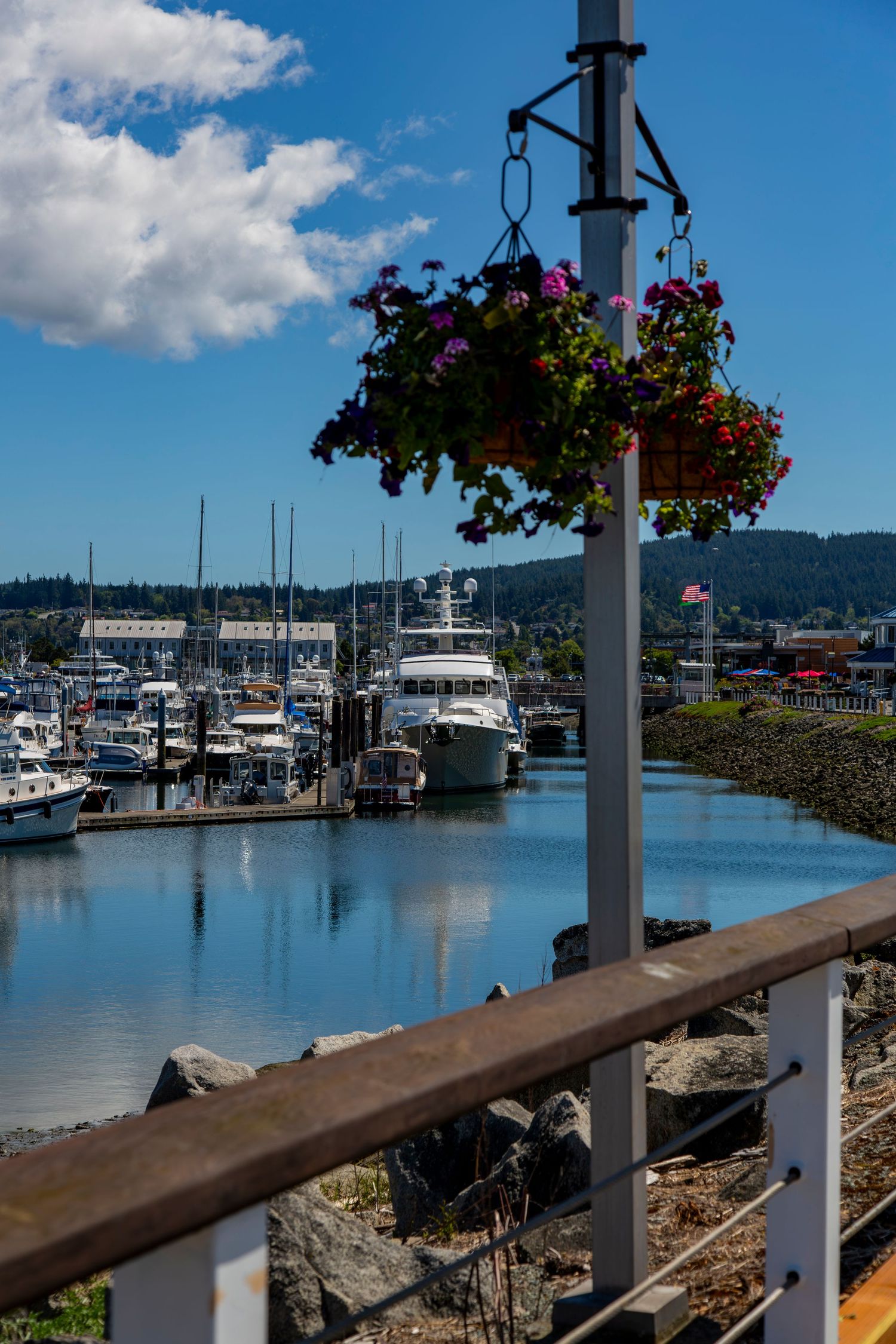 Marina with boats docked along wooden piers and colorful hanging flower baskets.