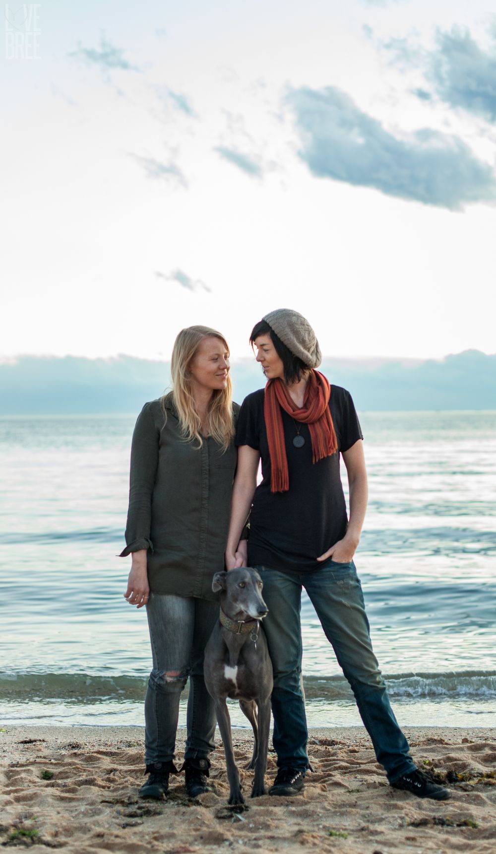 A couple poses with their gray dog on a beach at sunset with clouds in the background.