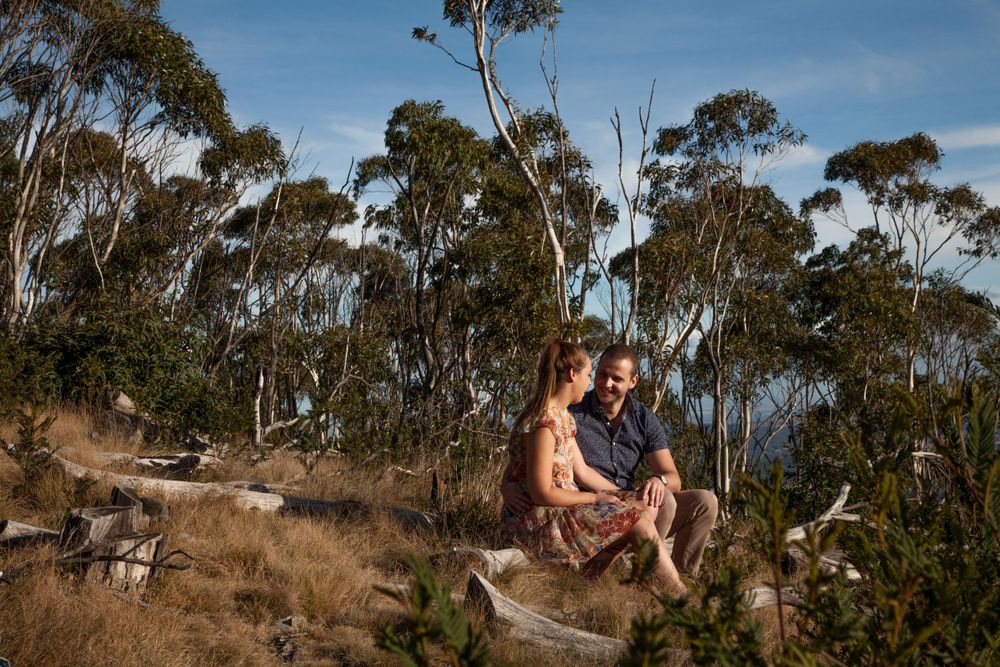 A couple sits together on a rocky hillside overlooking eucalyptus trees on a sunny afternoon during their engagement session.