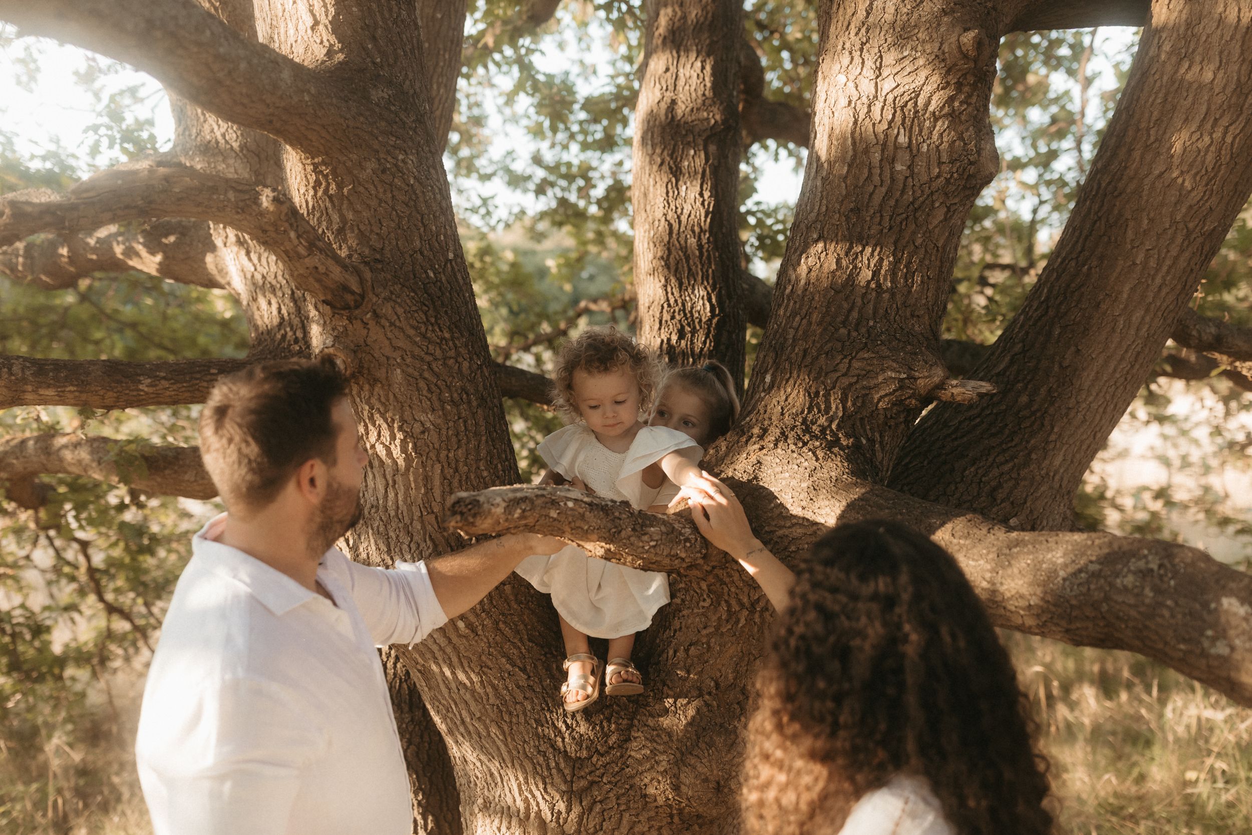 A family gathers around a tree trunk during a warm sunset photoshoot outdoors.