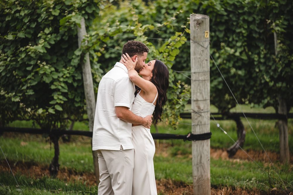 A romantic proposal moment captured in a vineyard with rows of grape vines in the background.