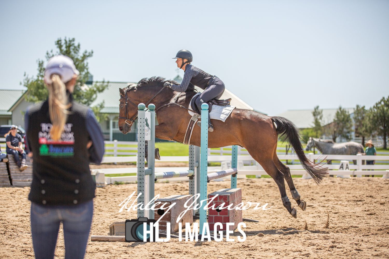 A horse and rider clear a colorful show jumping obstacle during an equestrian competition.