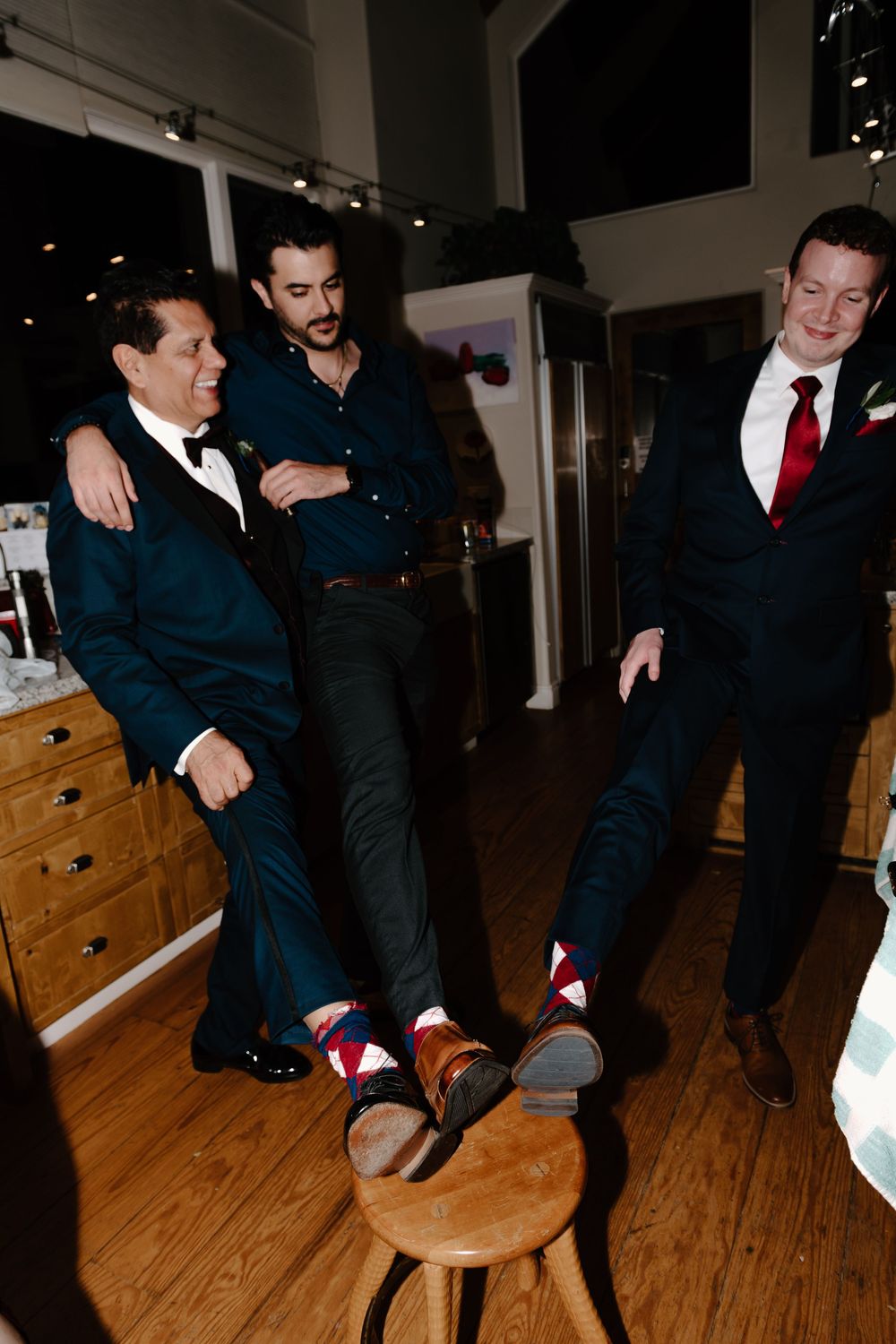 A series of photos showing people in formal attire performing dance moves on a wooden floor at an indoor event.