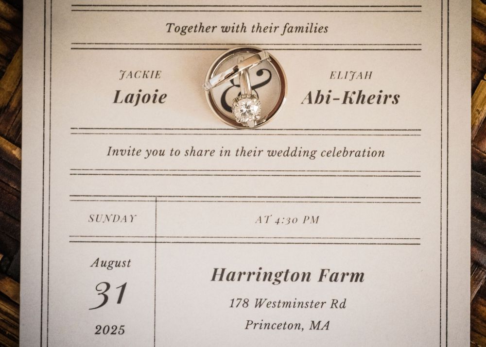 An elegant wedding invitation for Jackie and Eliyah's celebration at Harrington Farm in Princeton, MA.