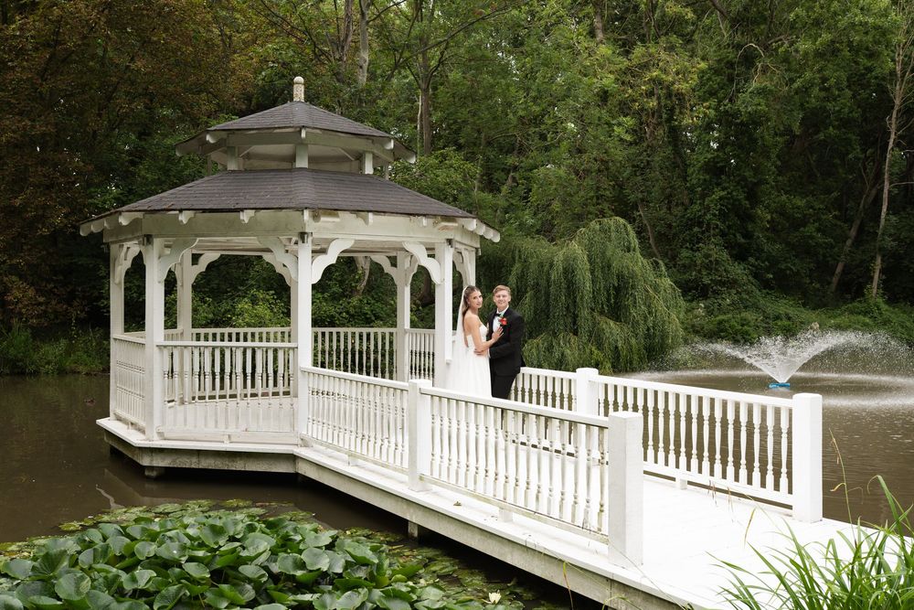 A collage of white gazebo structures in a garden setting with lush greenery and landscaping details.