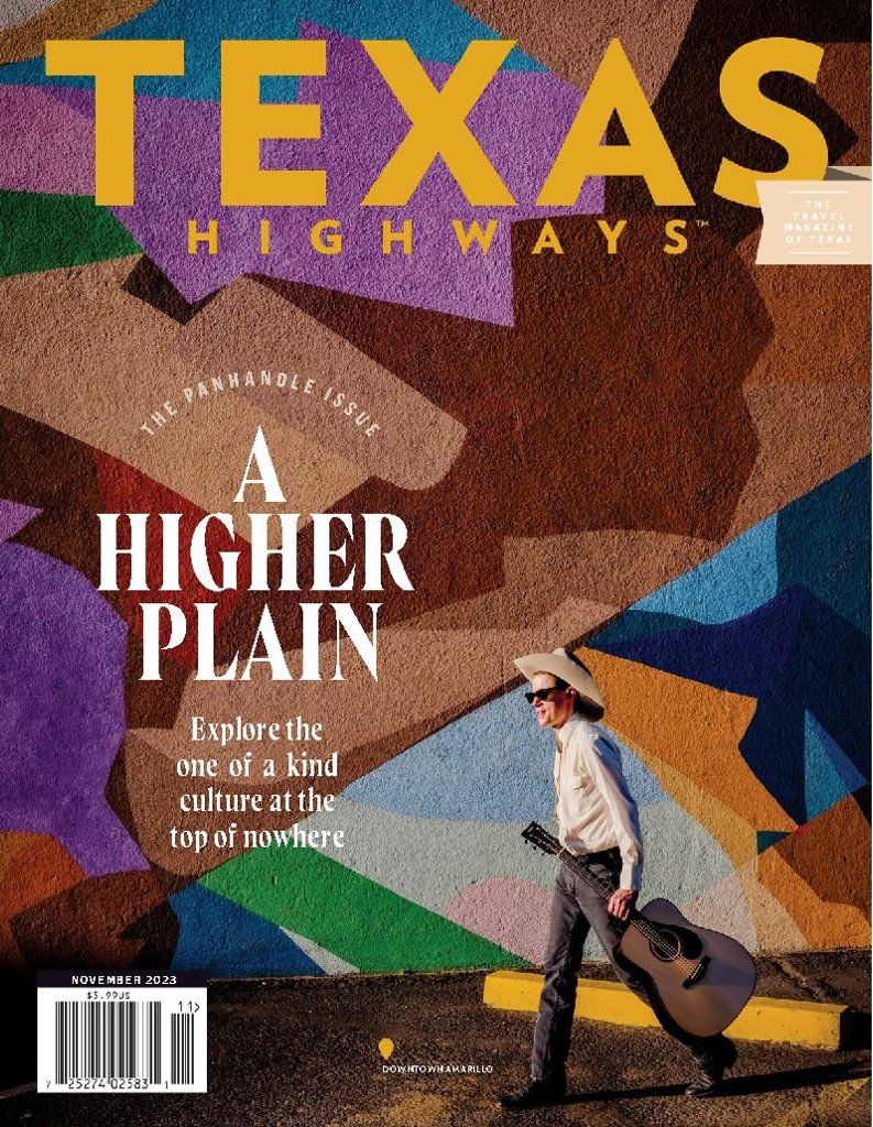 Five variations of a Texas magazine cover design showing brown landscape silhouettes with text against colorful backgrounds.