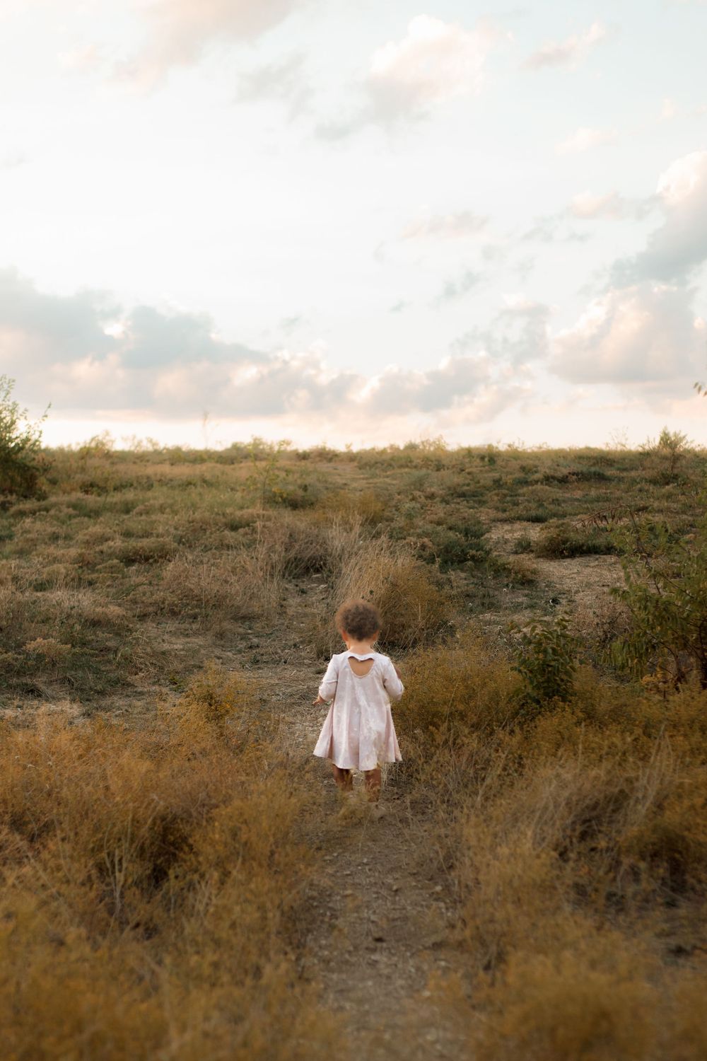 A small child in a white dress walking along a path at sunset in golden grass.