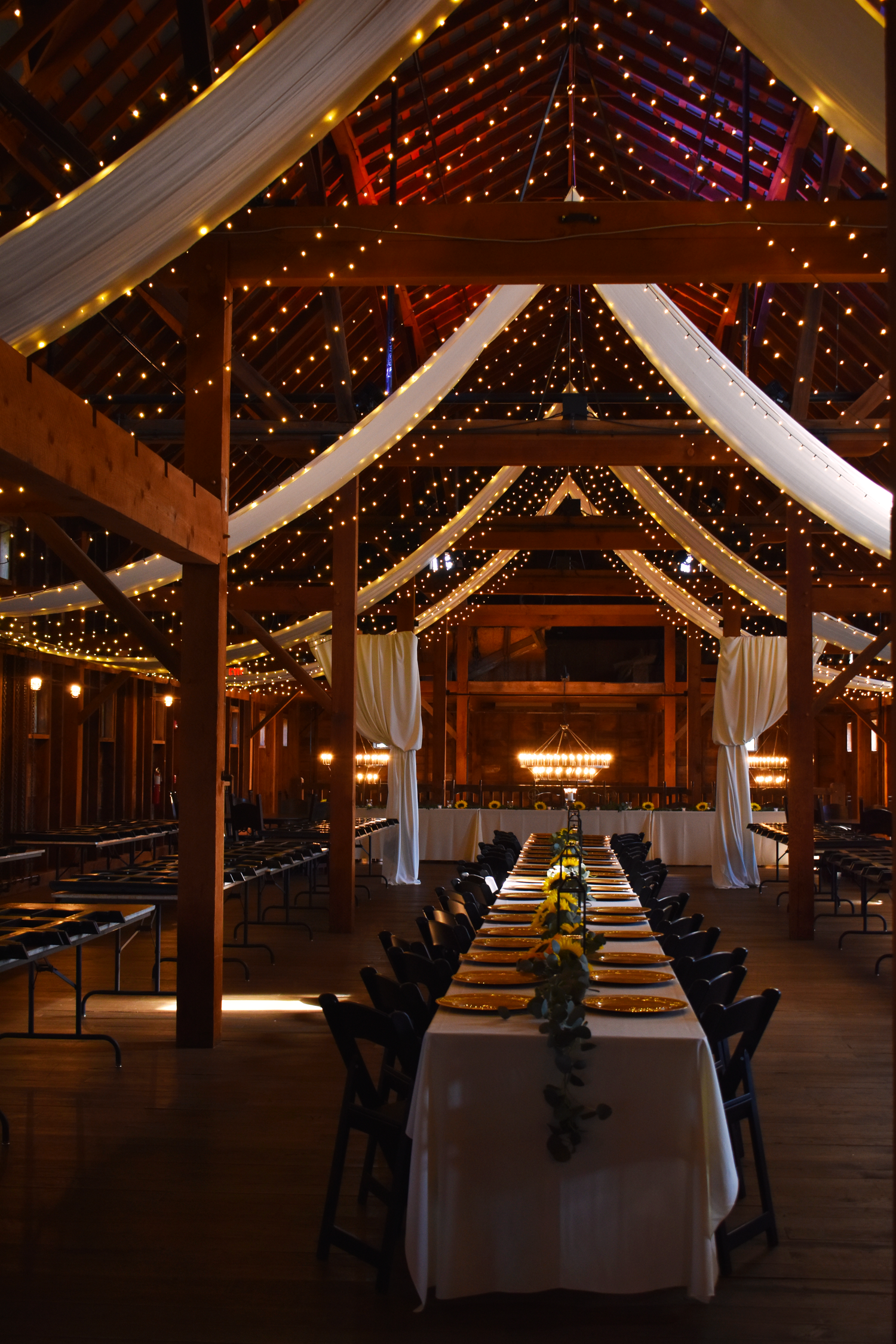 An elegant barn reception setup with string lights, white draping, and long dining tables.
