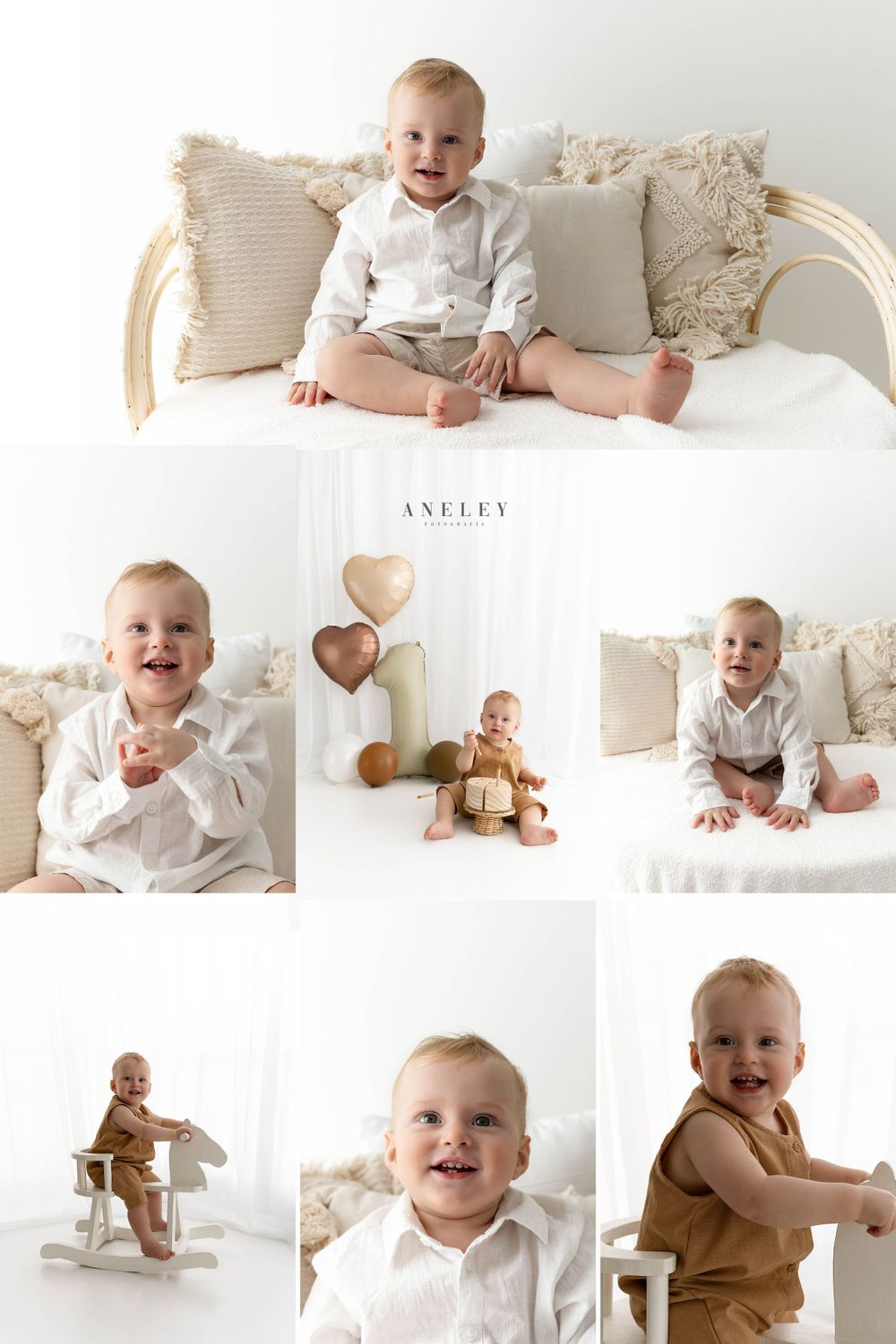 Collage of baby photos featuring white outfits, toys and neutral decor.